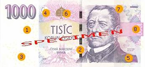 Ochranné prvky bankovky: 1 – vodoznak, 2 – okénkový proužek s mikrotextem, 3 – barevná vlákna, 4 - soutisková značka, 5 – sklopný efekt, 6 – proměnlivá barva, 7 – duhově lesklý pruh, 8 – mikrotext.