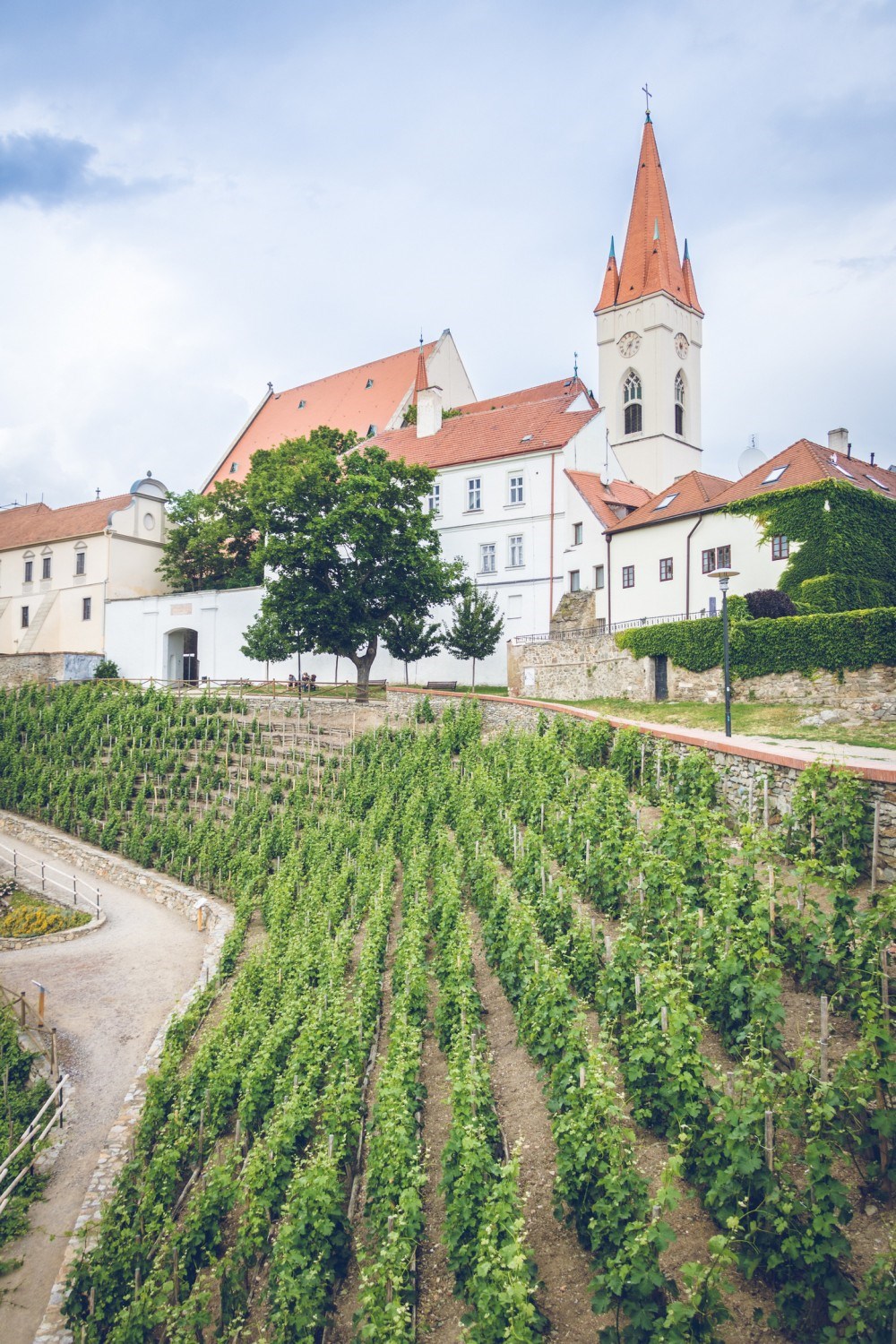 Pohled na Rajskou vinici a kostel sv. Mikuláše z degustačního stánku vinařství Lahofer.